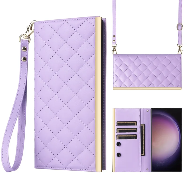 For Samsung Galaxy S24 Ultra Suction Cup PU Leather Phone Case Stand Wallet Phone Cover Shoulder Bag - Purple