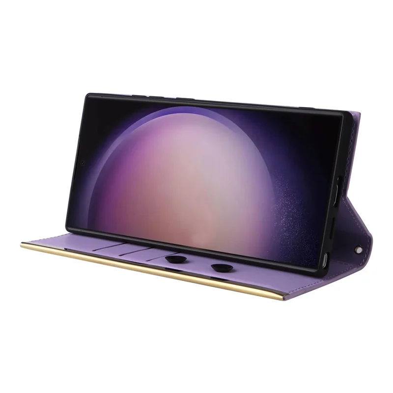 For Samsung Galaxy S24 Ultra Suction Cup PU Leather Phone Case Stand Wallet Phone Cover Shoulder Bag - Purple