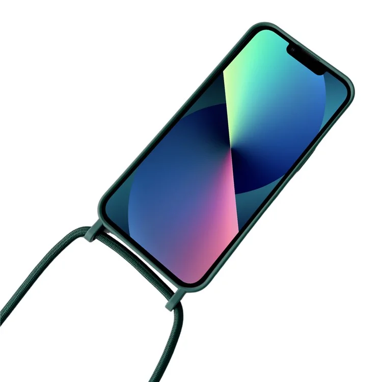 Чехол для iPhone 14 из жидкого силикона, защитная крышка с нагрудным ремешком - темно-зеленый
