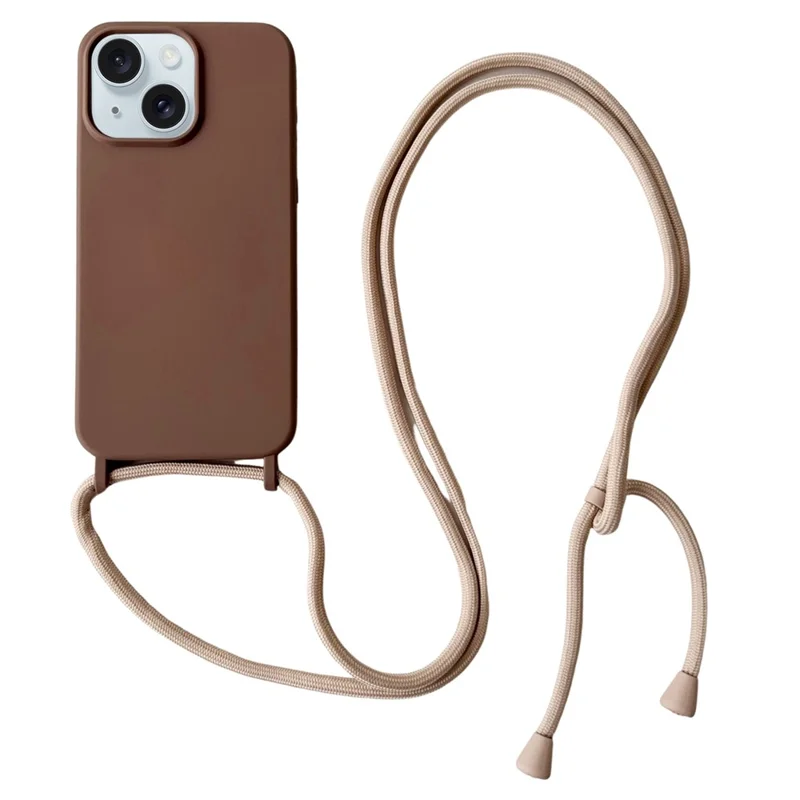 For iPhone 13 Crossbody Case Liquid Silicone Ultra Slim Fit Shockproof Phone Cover - Coffee