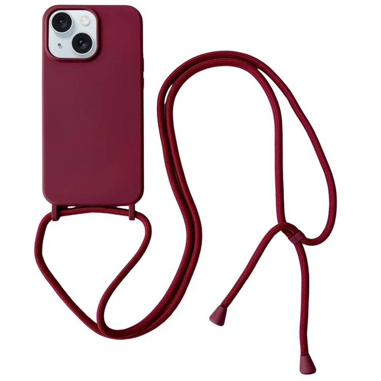 For iPhone 14 Plus Case Liquid Silicone Smooth Phone Cover with Adjustable Lanyard - Wine Red