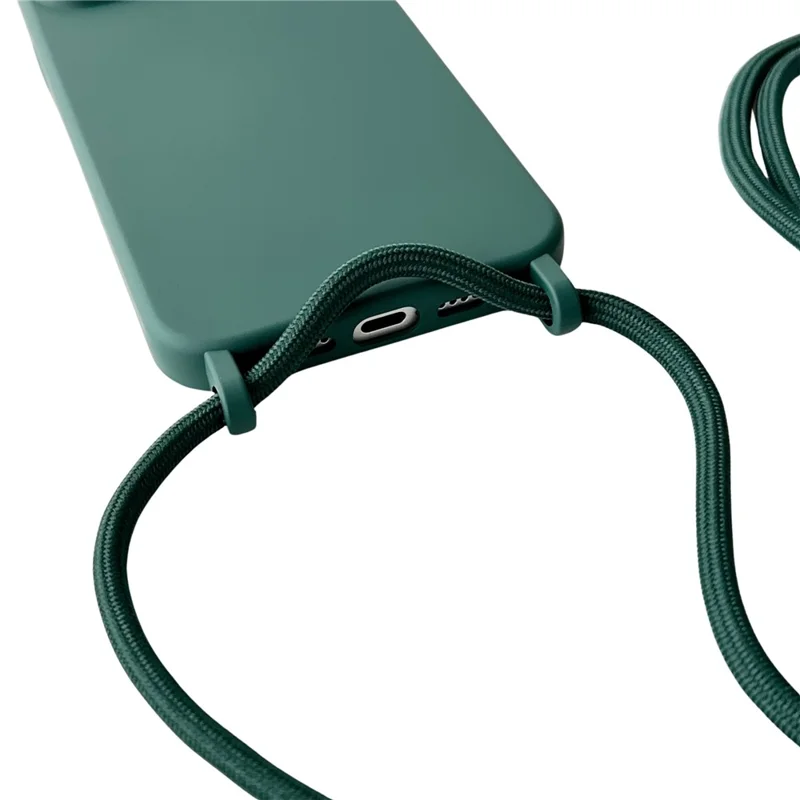 For iPhone 15 Plus Case Hands-Free Liquid Silicone Phone Cover with Lanyard Rope - Coffee