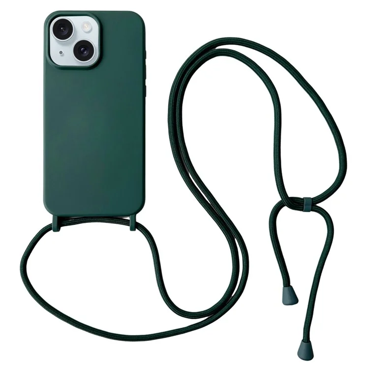 For iPhone 15 Case Liquid Silicone Soft Anti-Scratch Phone Cover with Crossbody Neck Strap - Blackish Green