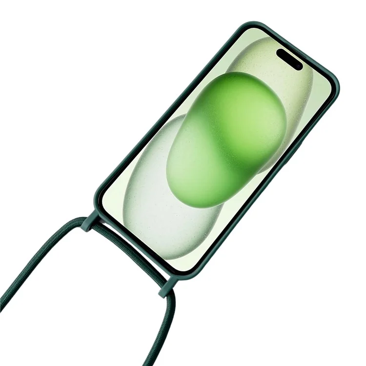 For iPhone 15 Case Liquid Silicone Soft Anti-Scratch Phone Cover with Crossbody Neck Strap - Blackish Green