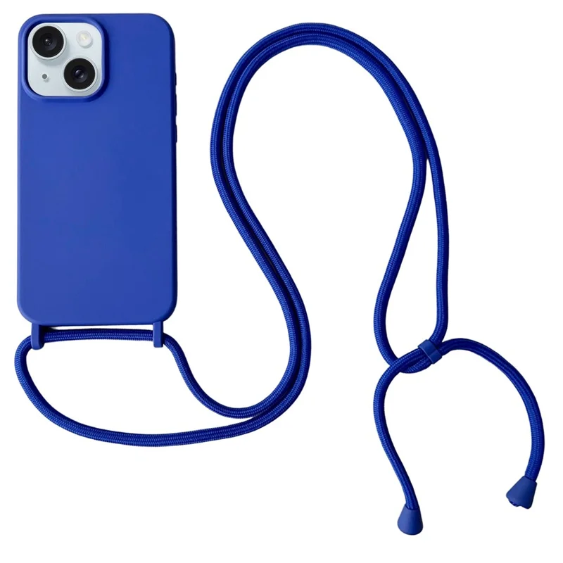 For iPhone 15 Case Liquid Silicone Soft Anti-Scratch Phone Cover with Crossbody Neck Strap - Blue