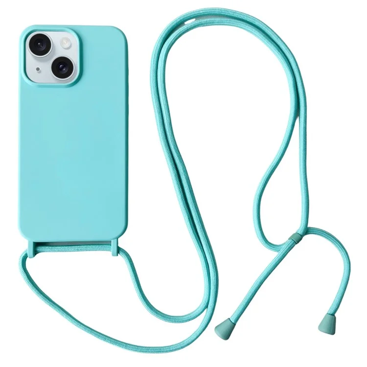 For iPhone 15 Case Liquid Silicone Soft Anti-Scratch Phone Cover with Crossbody Neck Strap - Baby Blue