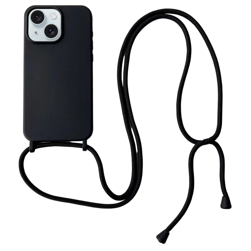 For iPhone 15 Case Liquid Silicone Soft Anti-Scratch Phone Cover with Crossbody Neck Strap - Black