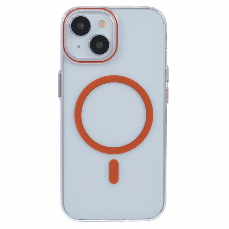 For iPhone 13 Magnetic Phone Case Thickened Hard PC Cover with Metal Buttons - Orange