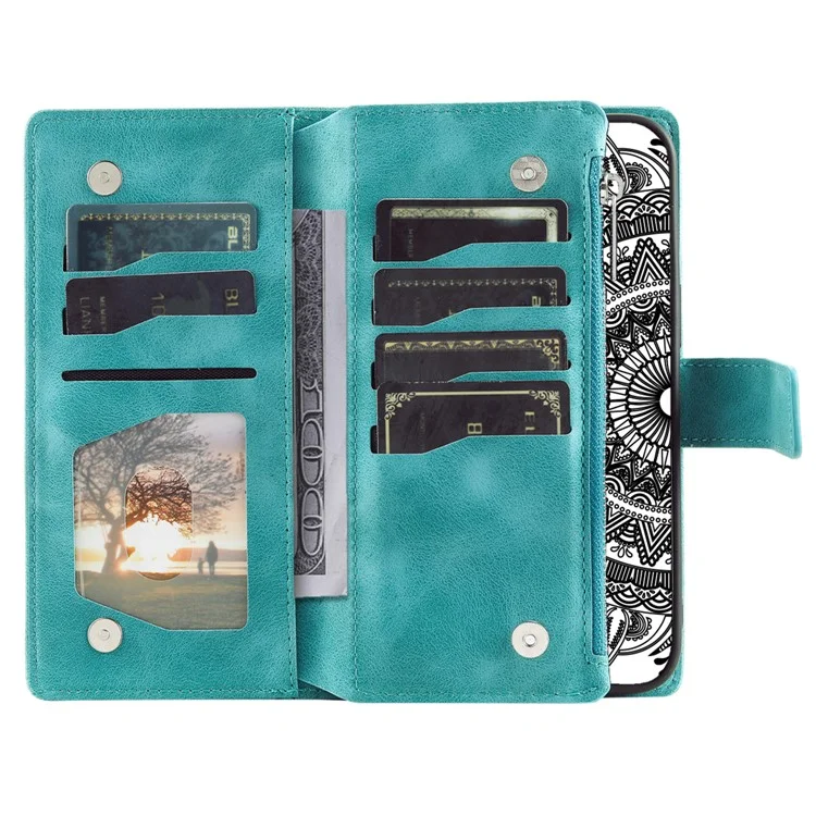 For Xiaomi Redmi Note 13 5G Case Mandala Imprinted Design Leather Wallet Phone Cover with Strap - Green