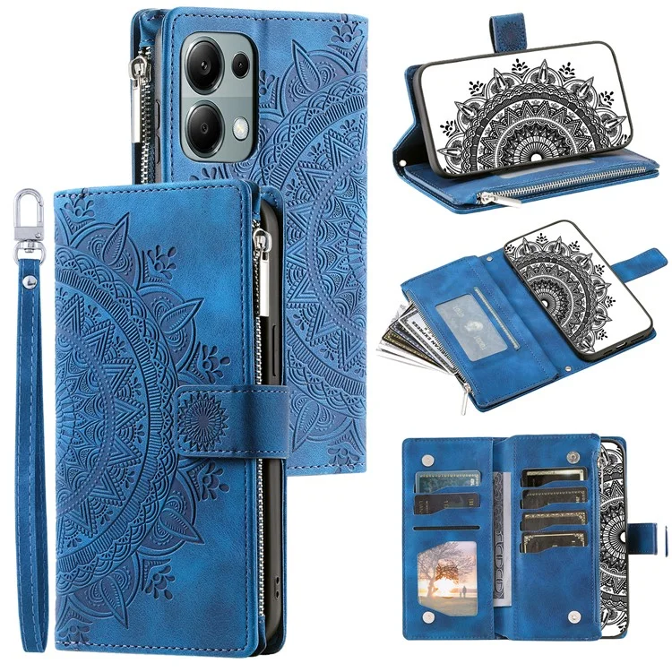 Para Xiaomi Redmi Note 13 Pro 4G / Poco M6 Pro 4G Capa Zíper Couro Mandala Flor Carteira Capa de Telefone - Azul