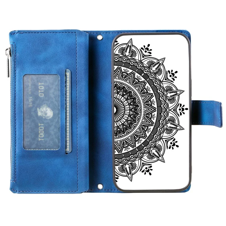 Para Xiaomi Redmi Note 13 Pro 4G / Poco M6 Pro 4G Capa Zíper Couro Mandala Flor Carteira Capa de Telefone - Azul