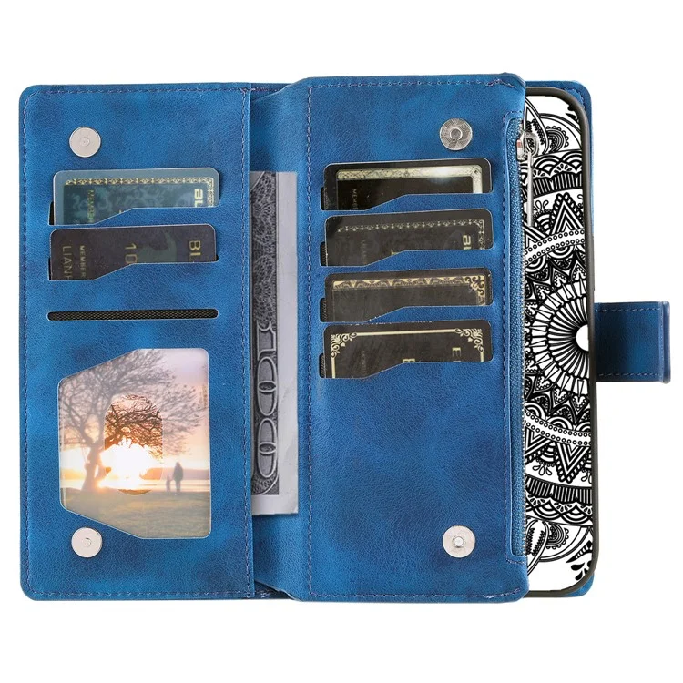 Para Xiaomi Redmi Note 13 Pro 4G / Poco M6 Pro 4G Capa Zíper Couro Mandala Flor Carteira Capa de Telefone - Azul