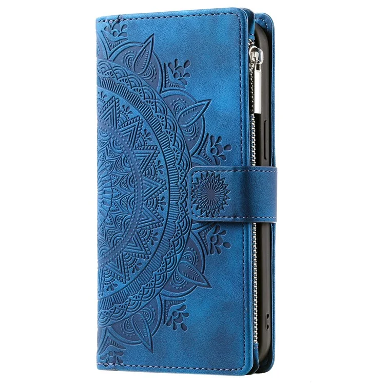 Para Xiaomi Redmi Note 13 Pro 4G / Poco M6 Pro 4G Capa Zíper Couro Mandala Flor Carteira Capa de Telefone - Azul