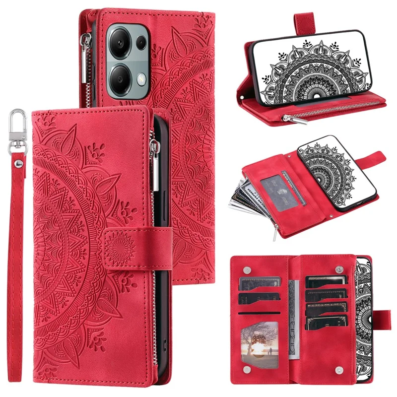 For Xiaomi Redmi Note 13 Pro 4G / Poco M6 Pro 4G Case Zipper Leather Mandala Flower Wallet Phone Cover - Red
