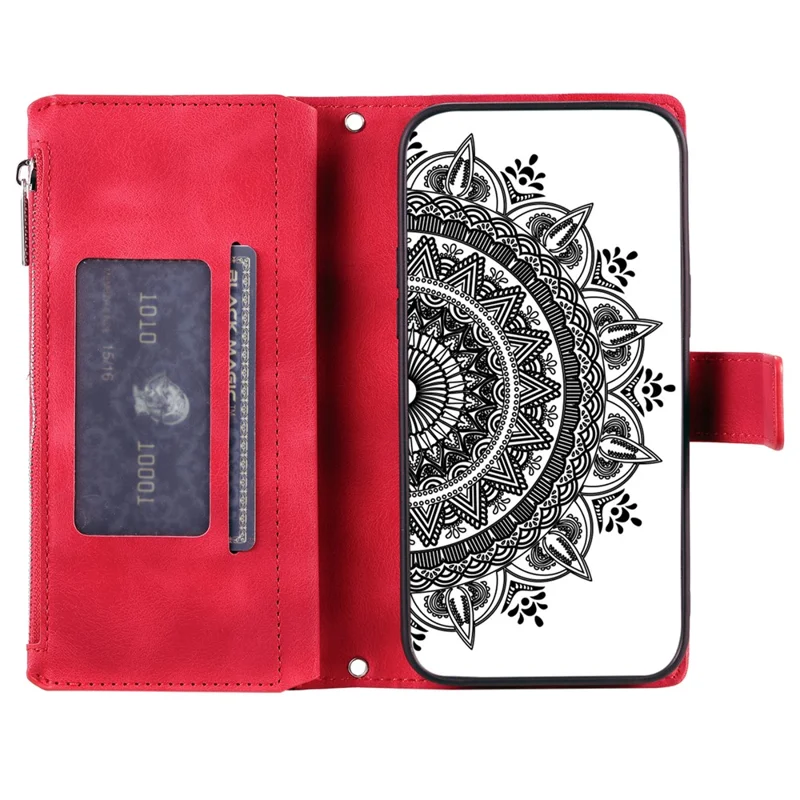 For Xiaomi Redmi Note 13 Pro 4G / Poco M6 Pro 4G Case Zipper Leather Mandala Flower Wallet Phone Cover - Red