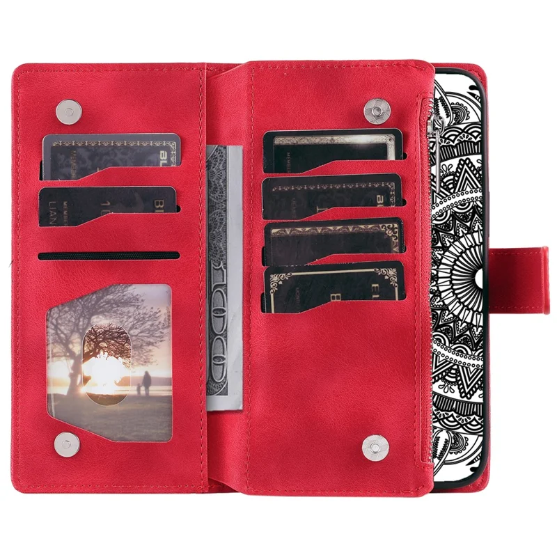 For Xiaomi Redmi Note 13 Pro 4G / Poco M6 Pro 4G Case Zipper Leather Mandala Flower Wallet Phone Cover - Red
