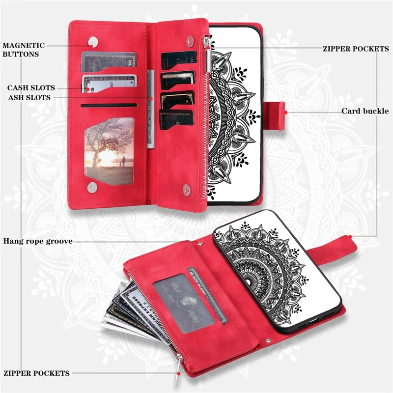 For Xiaomi Redmi Note 13 Pro 4G / Poco M6 Pro 4G Case Zipper Leather Mandala Flower Wallet Phone Cover - Red