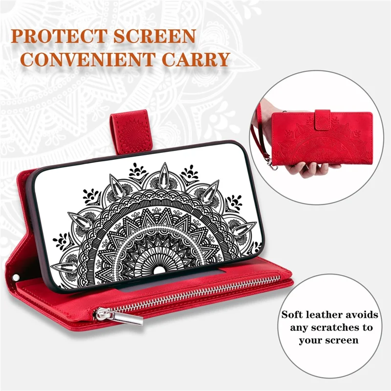 For Xiaomi Redmi Note 13 Pro 4G / Poco M6 Pro 4G Case Zipper Leather Mandala Flower Wallet Phone Cover - Red