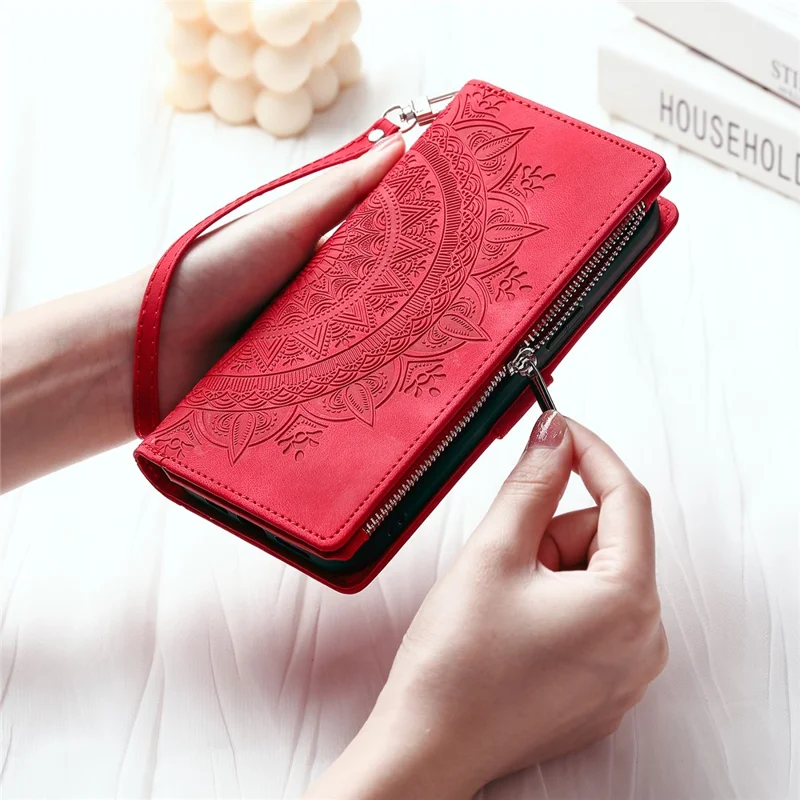 For Xiaomi Redmi Note 13 Pro 4G / Poco M6 Pro 4G Case Zipper Leather Mandala Flower Wallet Phone Cover - Red