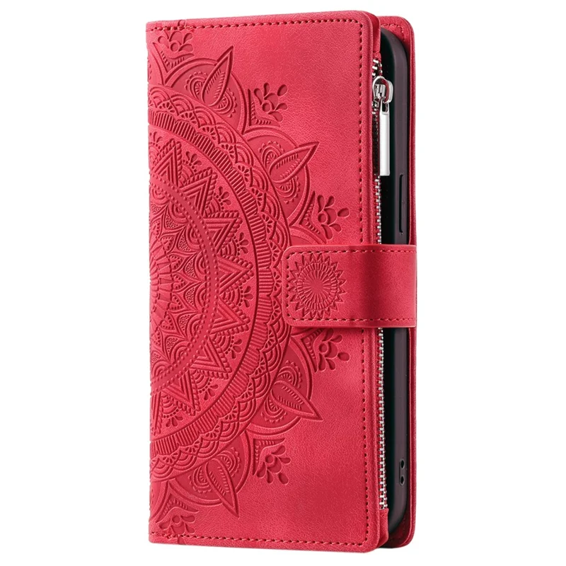 For Xiaomi Redmi Note 13 Pro 4G / Poco M6 Pro 4G Case Zipper Leather Mandala Flower Wallet Phone Cover - Red