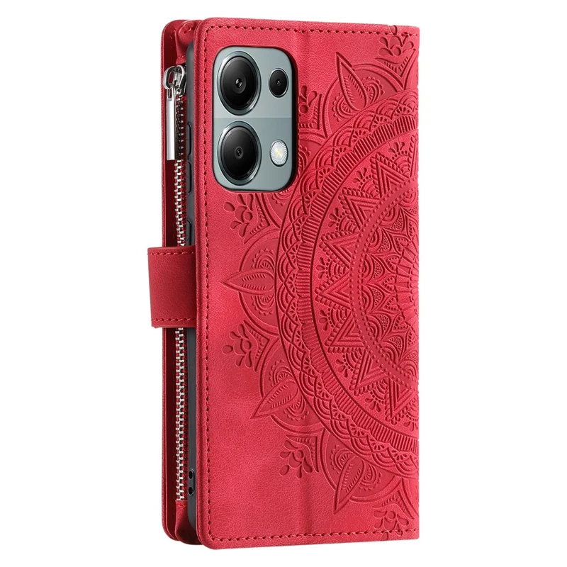 For Xiaomi Redmi Note 13 Pro 4G / Poco M6 Pro 4G Case Zipper Leather Mandala Flower Wallet Phone Cover - Red