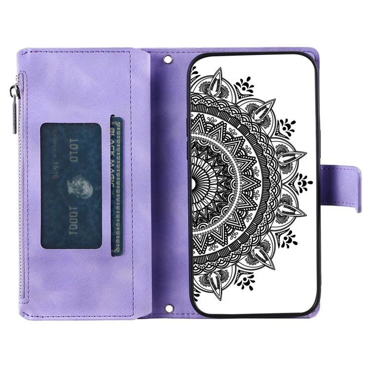 For Xiaomi Redmi Note 13 4G Case Mandala Imprinted Zipper Pocket Flip Leather Phone Cover with Strap - Purple