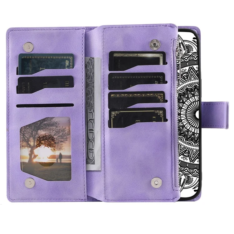 For Xiaomi Redmi Note 13 4G Case Mandala Imprinted Zipper Pocket Flip Leather Phone Cover with Strap - Purple
