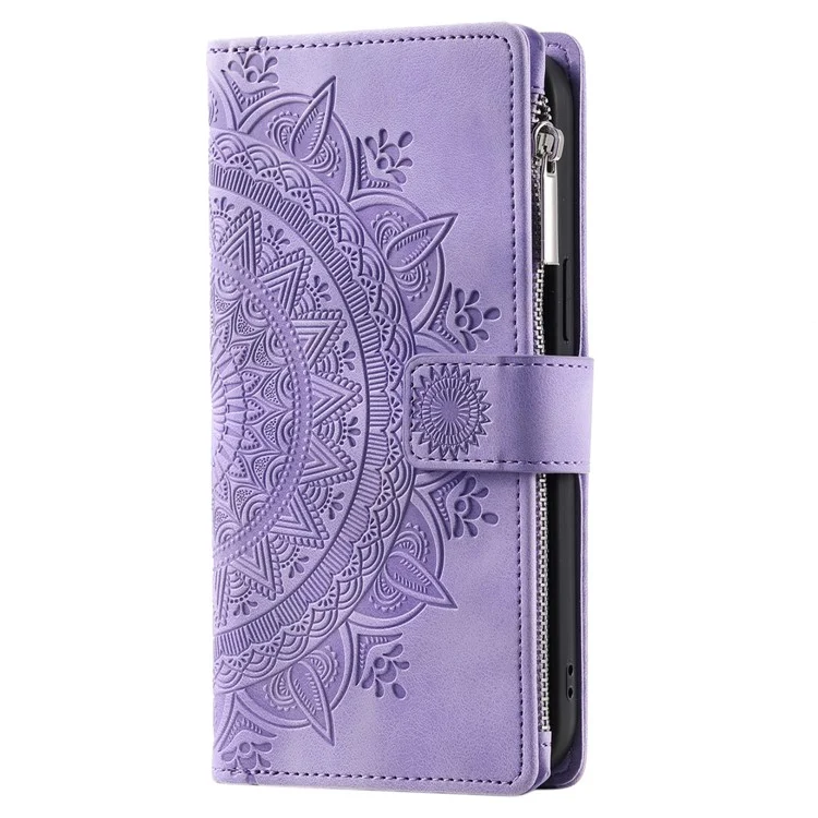 For Xiaomi Redmi Note 13 4G Case Mandala Imprinted Zipper Pocket Flip Leather Phone Cover with Strap - Purple
