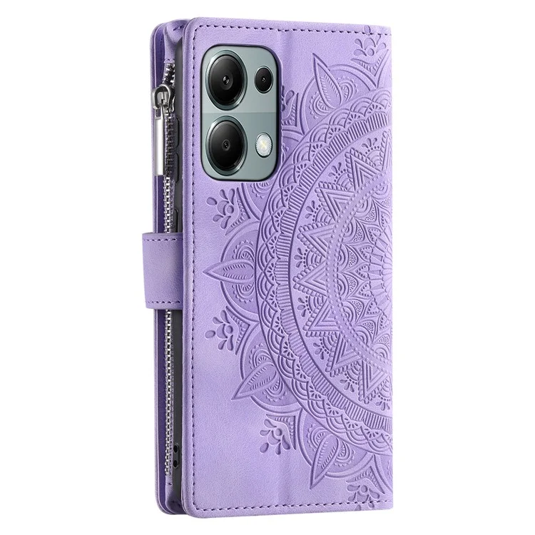 For Xiaomi Redmi Note 13 4G Case Mandala Imprinted Zipper Pocket Flip Leather Phone Cover with Strap - Purple