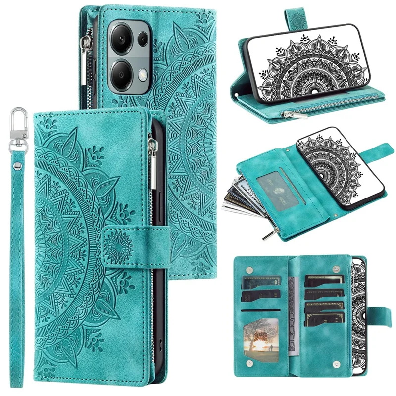 For Xiaomi Redmi Note 13 4G Case Mandala Imprinted Zipper Pocket Flip Leather Phone Cover with Strap - Mint Green