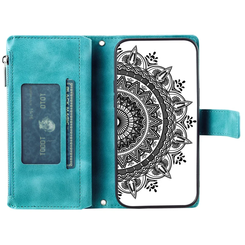 For Xiaomi Redmi Note 13 4G Case Mandala Imprinted Zipper Pocket Flip Leather Phone Cover with Strap - Mint Green