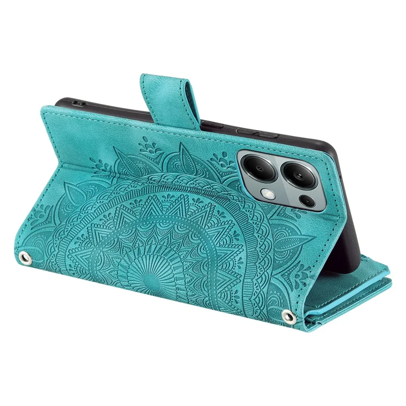 For Xiaomi Redmi Note 13 4G Case Mandala Imprinted Zipper Pocket Flip Leather Phone Cover with Strap - Mint Green