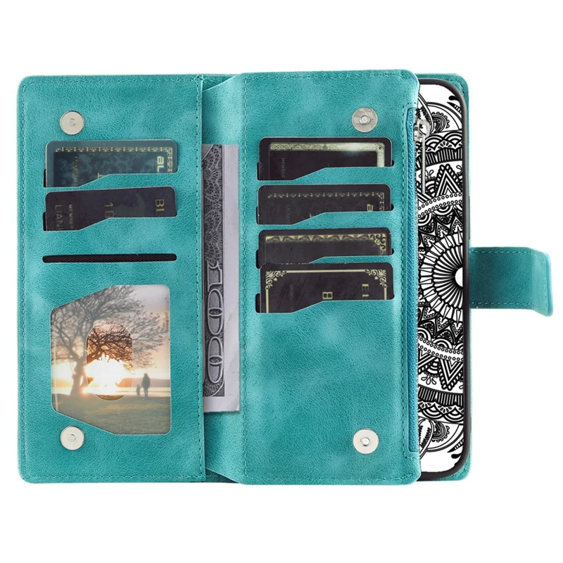For Xiaomi Redmi Note 13 4G Case Mandala Imprinted Zipper Pocket Flip Leather Phone Cover with Strap - Mint Green