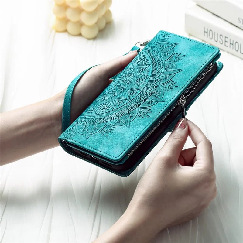 For Xiaomi Redmi Note 13 4G Case Mandala Imprinted Zipper Pocket Flip Leather Phone Cover with Strap - Mint Green