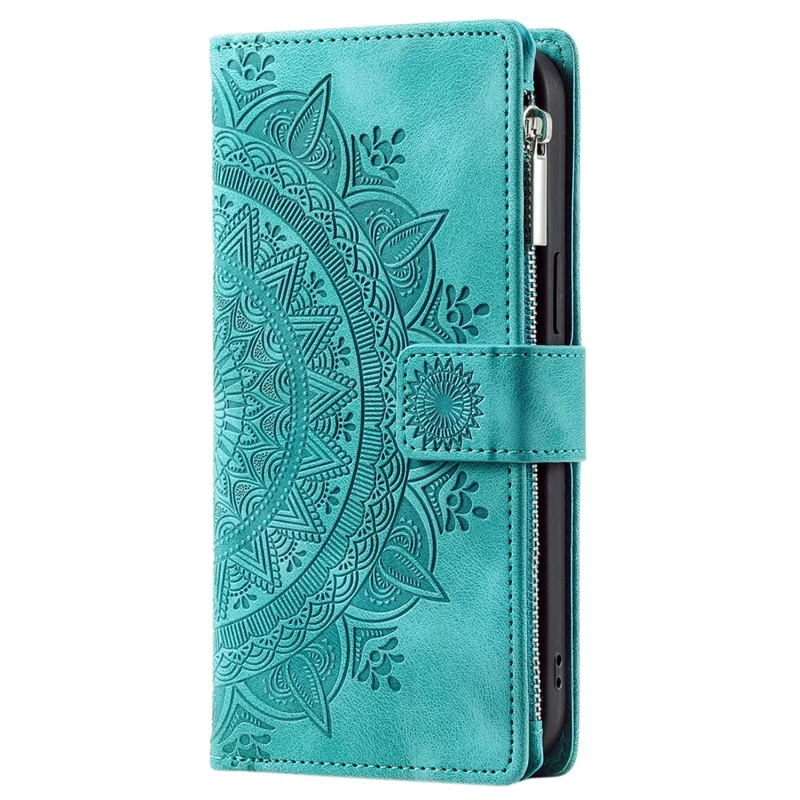 For Xiaomi Redmi Note 13 4G Case Mandala Imprinted Zipper Pocket Flip Leather Phone Cover with Strap - Mint Green