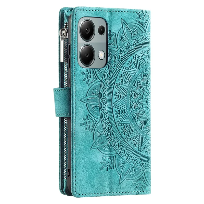 For Xiaomi Redmi Note 13 4G Case Mandala Imprinted Zipper Pocket Flip Leather Phone Cover with Strap - Mint Green