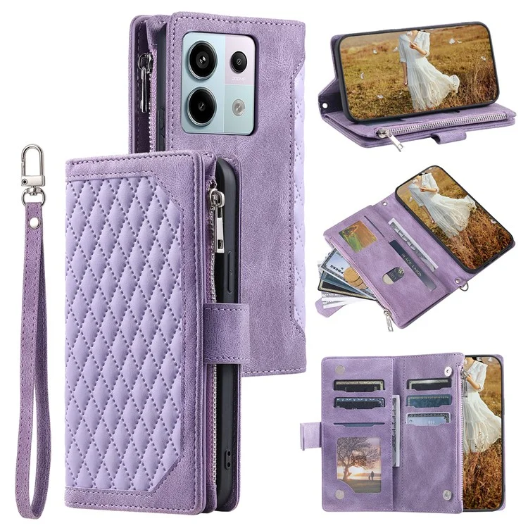 Para Xiaomi Redmi Note 13 Pro 5G / Poco X6 5G Funda Zipper Funda de Teléfono de Cuero con Billetera - Púrpura