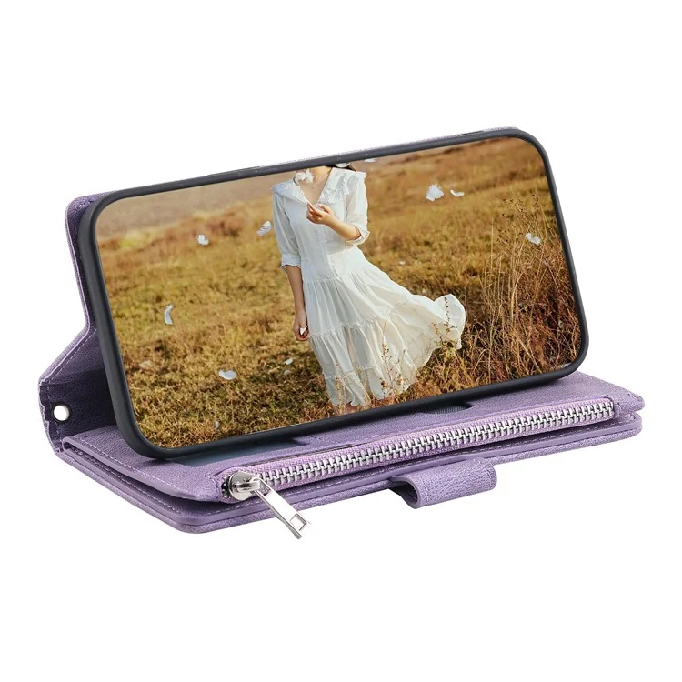 Para Xiaomi Redmi Note 13 Pro 5G / Poco X6 5G Funda Zipper Funda de Teléfono de Cuero con Billetera - Púrpura