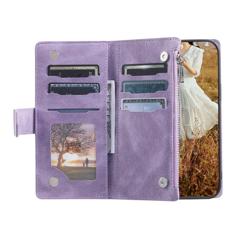 Para Xiaomi Redmi Note 13 Pro 5G / Poco X6 5G Funda Zipper Funda de Teléfono de Cuero con Billetera - Púrpura