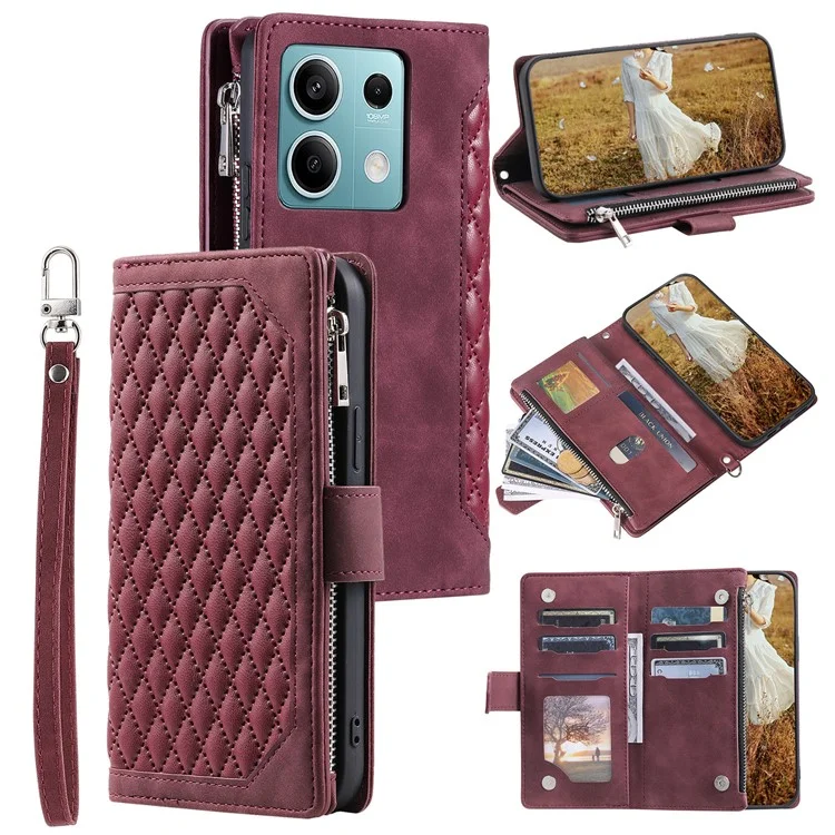Para Xiaomi Redmi Note 13 5G Zipper Pocket Phone Case PU Leather Wallet Phone Cover - Wine Red