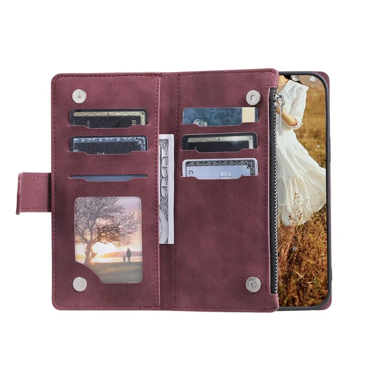 Para Xiaomi Redmi Note 13 5G Zipper Pocket Phone Case PU Leather Wallet Phone Cover - Wine Red