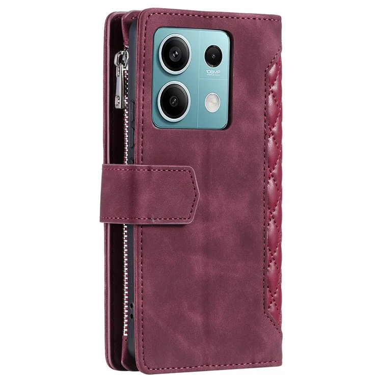 Para Xiaomi Redmi Note 13 5G Zipper Pocket Phone Case PU Leather Wallet Phone Cover - Wine Red