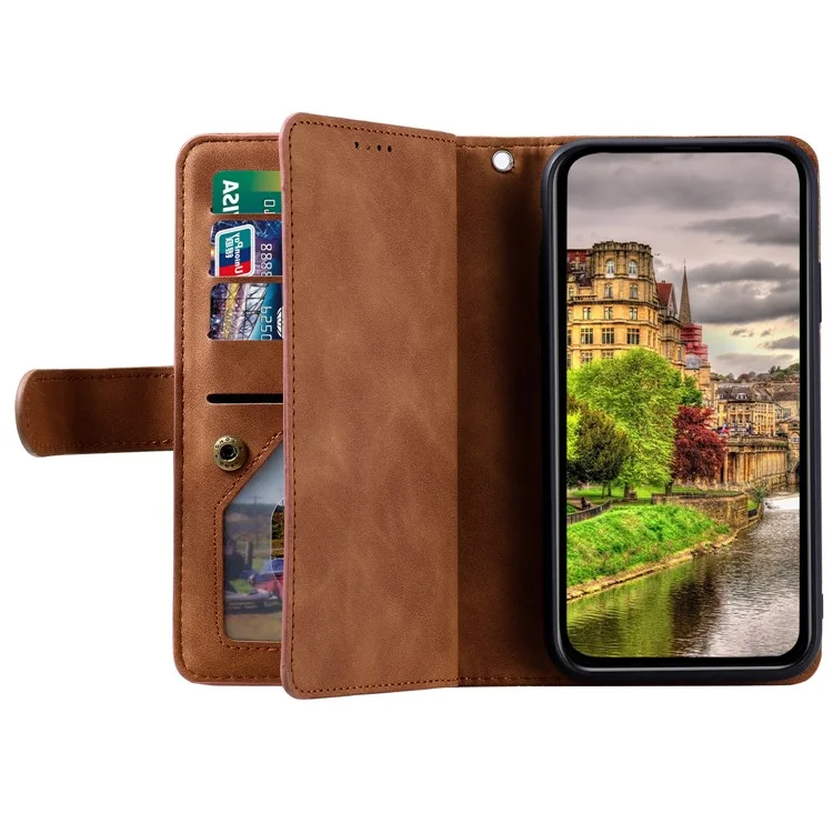 For Xiaomi Redmi Note 13 5G Cover 9 Retro Card Slots Wallet PU Leather Stand Phone Case - Brown