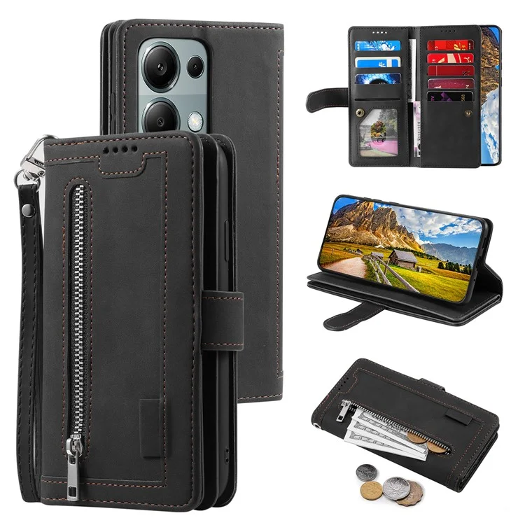 Para Xiaomi Redmi Note 13 Pro 4G / Poco M6 Pro 4G Funda 9 Ranuras para Tarjetas Cartera de Cuero PU Plegable Soporte para Teléfono Caso - Negro