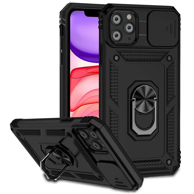 Для Iphone 11 Pro Case Kickstand PC+TPU Hybrid Phone Shell с Крышкой Для Скольжения с Камерой - Черный