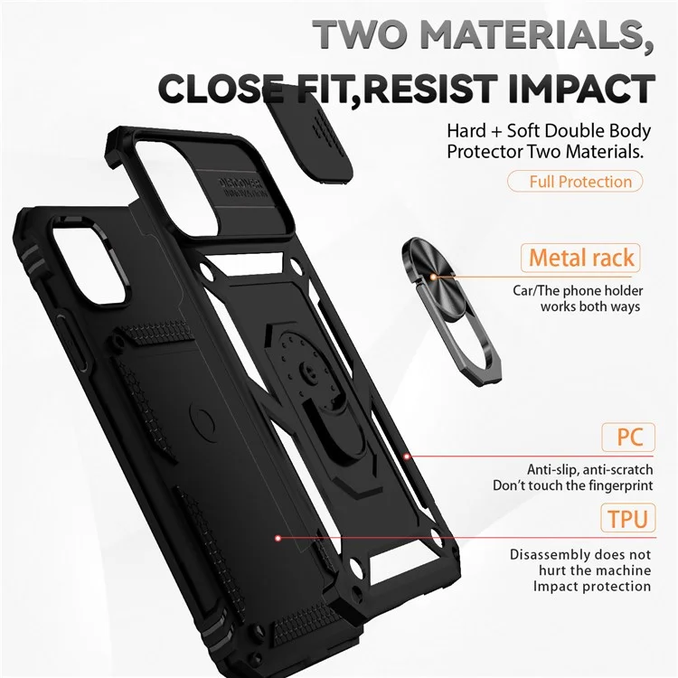 Для Iphone 11 Pro Case Kickstand PC+TPU Hybrid Phone Shell с Крышкой Для Скольжения с Камерой - Черный