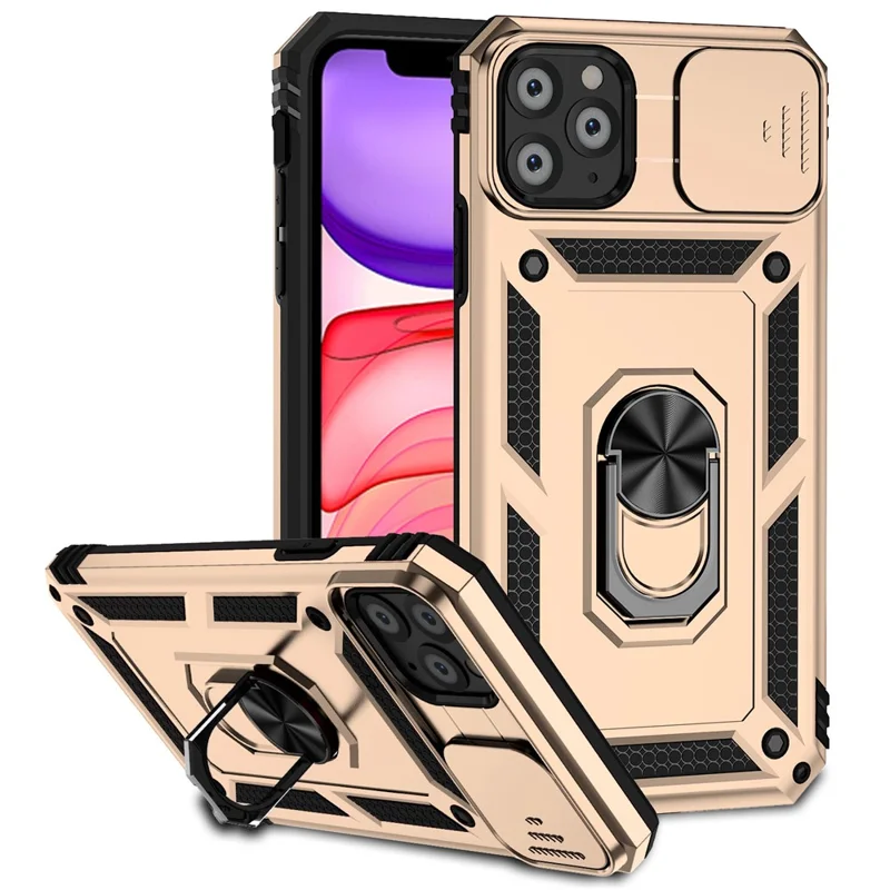 For iPhone 11 Pro Case Kickstand PC+TPU Hybrid Phone Shell with Camera Slide Cover -  Gold