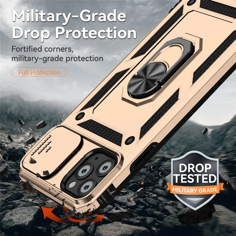 For iPhone 11 Pro Case Kickstand PC+TPU Hybrid Phone Shell with Camera Slide Cover -  Gold