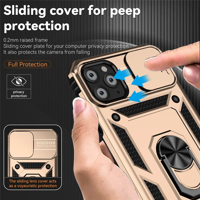 For iPhone 11 Pro Case Kickstand PC+TPU Hybrid Phone Shell with Camera Slide Cover -  Gold