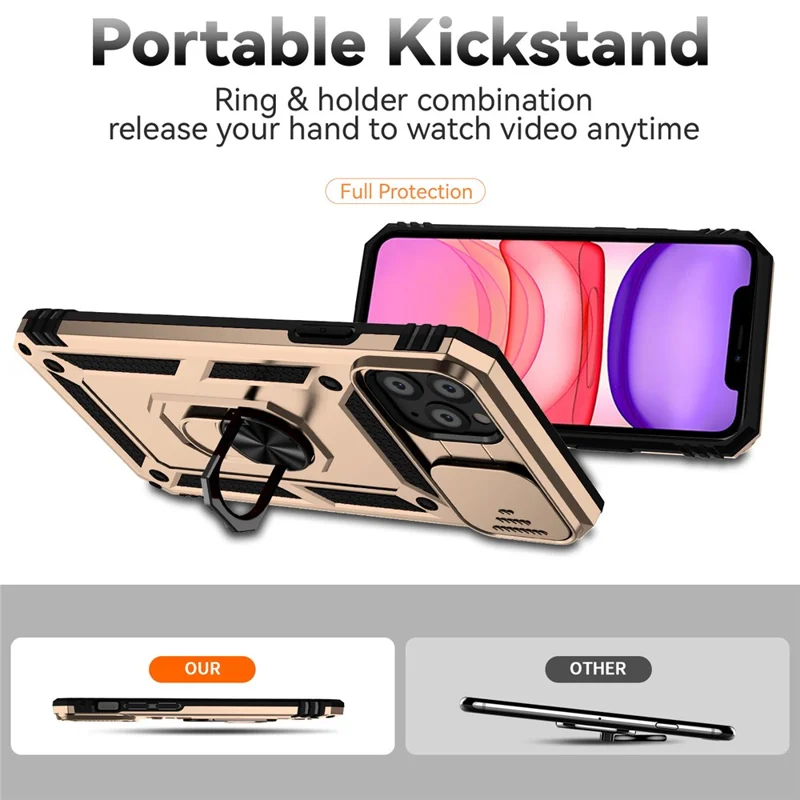 For iPhone 11 Pro Case Kickstand PC+TPU Hybrid Phone Shell with Camera Slide Cover -  Gold
